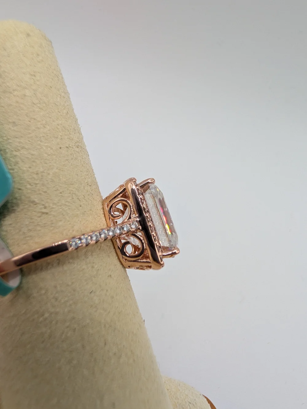 Rose Gold Halo Emerald-Cut Cubic Zirconia Engagement Ring